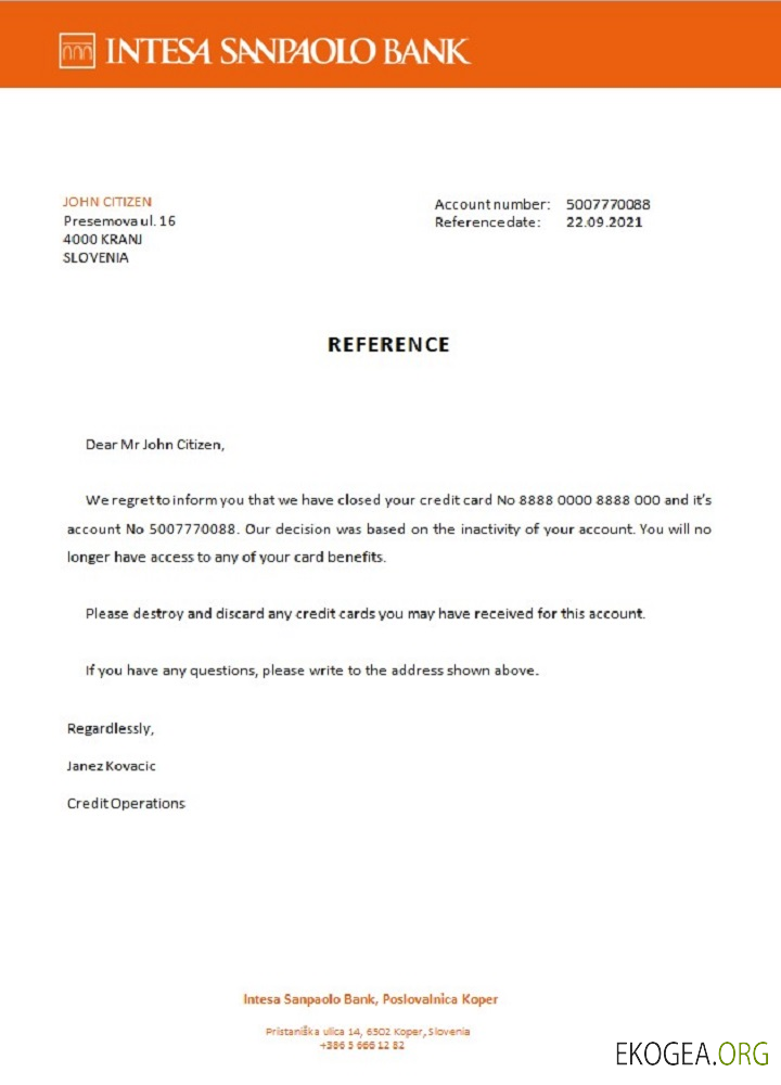 Slovénie , Intesa Sanpaolo bank , closure référence